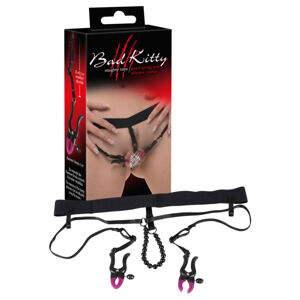 Bad Kitty - nohavičky s klipsami na klitoris fialovo-čierne (S-L)