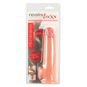 Realistixxx – predlžujúci návlek na penis s krúžkom na semenníky - 19cm (telová farba)