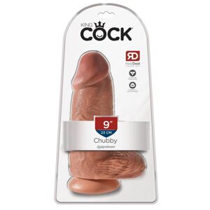 King Cock 9 Chubby - upínacie, testikulárne dildo (23 cm) - tmavé prírodné
