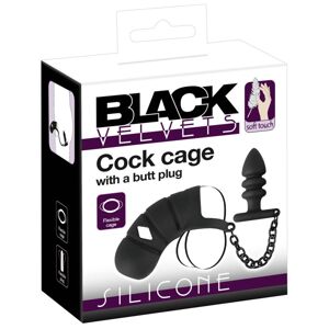 Black Velvet - silikónová klietka na penis s análnym plugom (čierna)