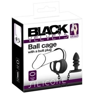 Black Velvet - silikónová klietka na semenníky s análnym dildom (čierna)
