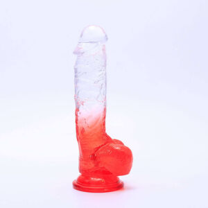 Sunfo - prísavkový dildó s varlatami - 21 cm (priehľadno-červený)