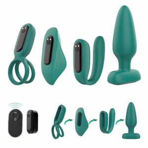 Sex HD - nabíjateľný, diaľkový 4-dielny vibrátor set (zelený)